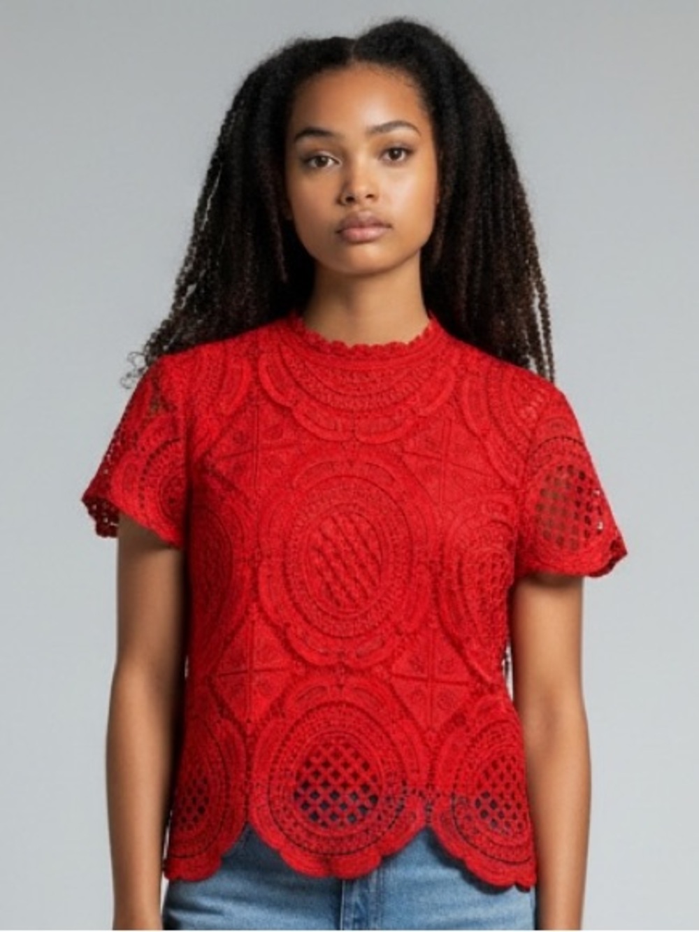 Ultra Pink red coral short-sleeve crochet lined lace top L - sku 124